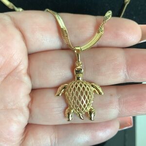 Gold plated turtle pendant chain.